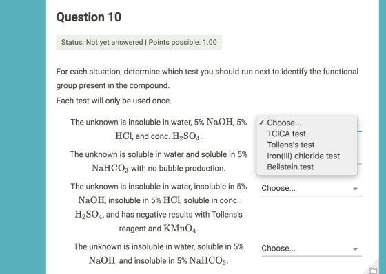 Question 10 Status: Not yet answered Points possible: 1.00 For each situation, determine which test you should run next to id