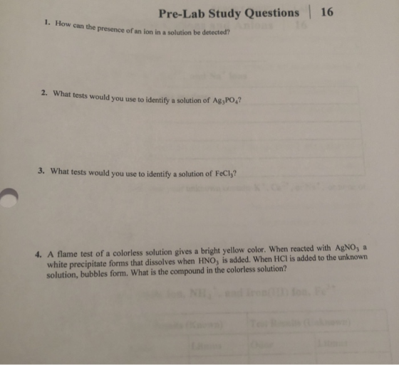 Pre-Lab Study Questions 16 How can the presence of an ion in a solution be detected 2. What tests would you use to identify a