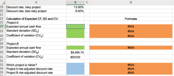 A C D 13.00% 8.00% Formulas #N/A #N/A #N/A 19 Discount rate, risky project 20 Discount rate, less risky project 21 22 Calcula