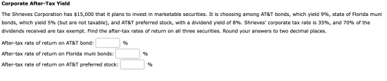 Corporate After-Tax Yield The Shrieves Corporation has $15,000 that it plans to invest in marketable securities. It is choosi