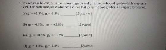 3. In each case below, gi is the inbound grade and g, is the outbound grade which meet at a VPI. For each case, state whether