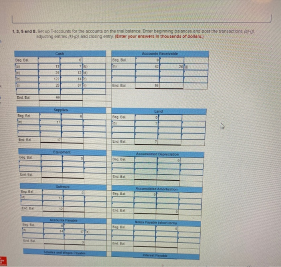 1, 3, 5 and 3. Set Up T-accounts for the accounts on the trial balance. Enter beginning balances and post the transactions ar