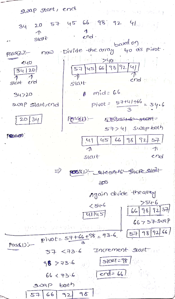 swap start, end 57 45 66 98 92 41 20 34 Start pass(2), now end - based on Divide the array 40 as pivot. 240 57 lus) 661 9819