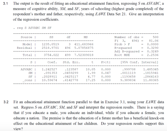 3.1 The output is the result of fitting an educational attainment function, regressing Son ASVABC, a measure of cognitive abi