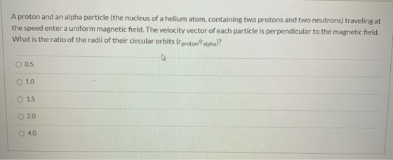 A proton and an alpha particle (the nucleus of a helium atom, containing two protons and two neutrons) traveling at the speed