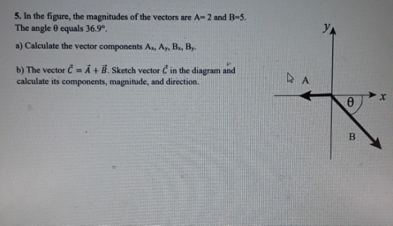 5. In the figure, the magnitudes of the vectors are A-2 and B-5. The angle θ equals 36.90 a) Calculate the vector components Ax, Ay, B, By b) The vector C-A + İ. Sketch vector C in the diagram and calculate its components, magnitude, and direction.