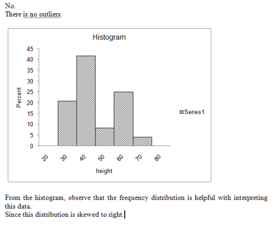 No. There is no outliers Histogram 45 40 35 30 FO 20 15 10 Series1 height From the histogram, observe that the frequency distribution is helpful with interpreting this data Since this distribution is skewed to rightl