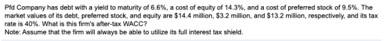 Pfd Company has debt with a yield to maturity of 6.6%, a cost of equity of 14.3%, and a cost of preferred stock of 9.5%. The