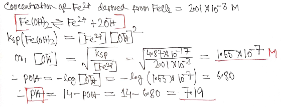 concentration of Fe 24 derived from Fells = 2001 016-3 M Fe (064)= Fe2+ + 2017]. ksplFe(OH2) = [Fe3+] COW O COM] = w ksp = 14