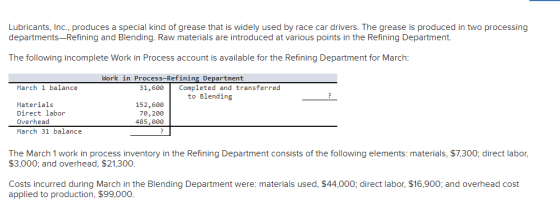 Lubricants, Inc., produces a special kind of grease that is widely used by race car drivers. The grease is produced in two pr