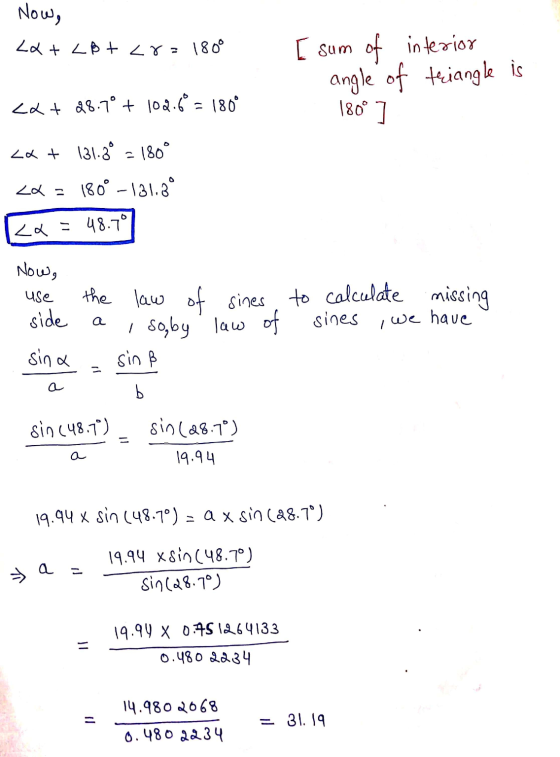 → a. Now, La + LBt <rz 180° [ sum of interior angle of triangle is La + 28.7° + 102.6 = 180° 180° ] <x+ 131.8 = 180° 24 = 180