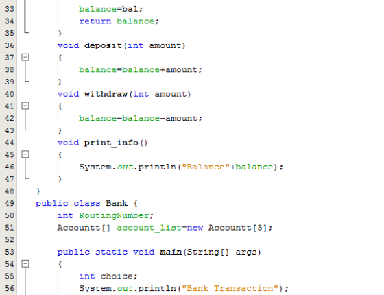 balance-bal; return balance; 36 37 38 void deposit (int amount) balance-balance+amount; 40 void withdraw (int amount) 42 bala