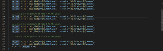 110 111 adj_mat[3][5] = calc_dist(arr[3].first, arr[3].second, arr[5].first, arr[5].second); adj_mat[3][6] = calc_dist(arr[3]