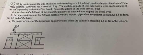 4. A 70. kg painter paints the side of a house while standing on a 5.5 m long board resting (centered) on a 2.5 m Wide scaffo