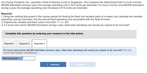Hoi Chong Transport, Ltd., operates a fleet of delivery trucks in Singapore. The company has determined that if a truck is dr