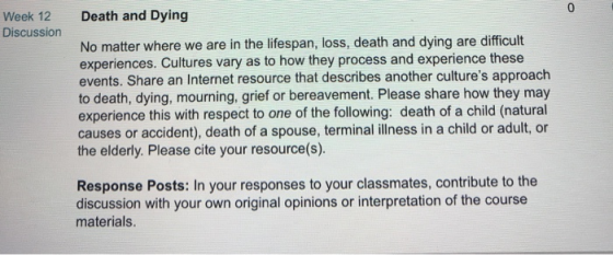 0 Death and Dying Week 12 Discussion No matter where we are in the lifespan, loss, death and dying are difficult experiences.