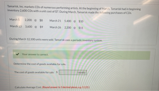 Tamarisk, Inc, markets CDs of numerous performing artists. At the beginning of March, Tamarisk had in beginning inventory 2,6