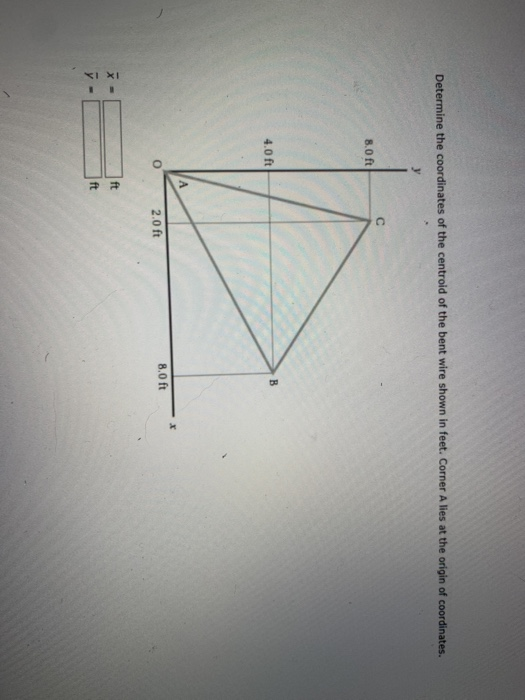 Determine the coordinates of the centroid of the bent wire shown in feet. Corner A lies at the origin of coordinates. с 8.0 f