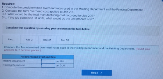 Required: 1. Compute the predetermined overhead rates used in the Molding Department and the Painting Department. 2. Compute