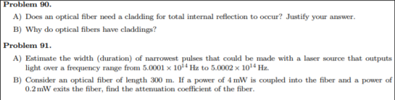 Problem 90. A) Does an optical fiber need a cladding for total internal reflection to occur? Justify your answer. B) Why do o