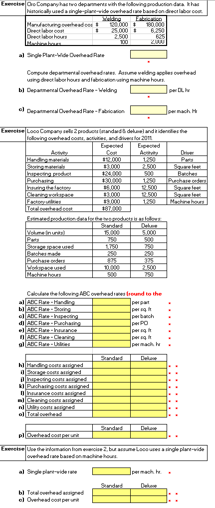 Exercise Oro Company has two departments with the following production data. It has historically used a single-plant-wide ove