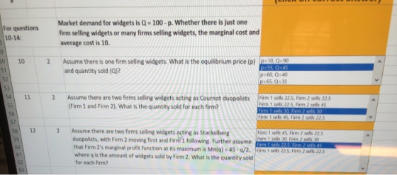 For questions 10-14 Market demand for widgets is Q = 100-p. Whether there is just one firm selling widgets or many firms sell