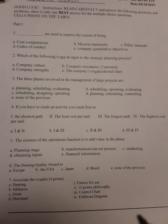 Date 04/18/2019 GOOD LUCK! Instructions: READ CAREFULLY and answer the following questions and problems, there is only one BE