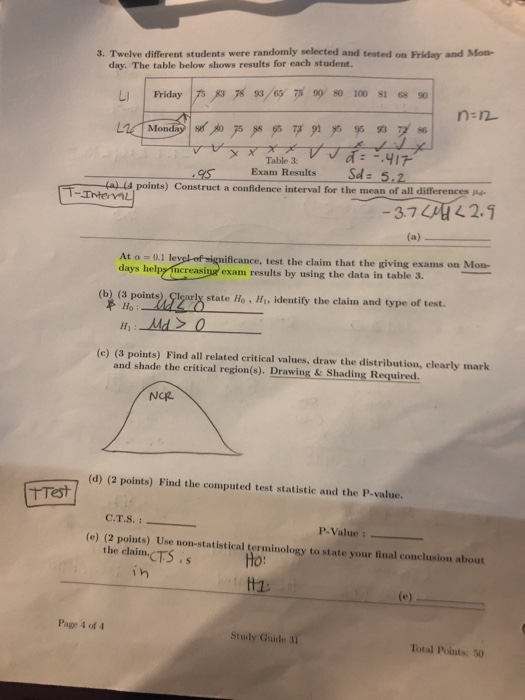 3. Twelve different students were randomly selected and tested on Friday and Mon day. The table below shows results for each student. Monday s Table 3 Exam Results Sd: 5.2 points) Construct a confidence interval for the mean of all differences p 374422.1 At a = 0.1 lev ificance, test the claim that the giving exams on Mon- days help mcreasine exam results by using the data in table 3. (b) (3 points),lear state Ho H, identify the claim and type of test (e) (3 points) Find all related critical values, draw the distribution, clearly mark and shade the critical region(s). Drawing& Shading Required. NcR (d) (2 points) Find the computed test statistic and the P-value. tTest C.T.S. P-Value : - (e) (2 points) Use non-statistical terminology to state your final conclusion about the claim CTSs Ho: Page 4 of 4 Study Guide 31 Total Points: 50