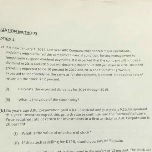 LUATION METHODS ESTION 1 a) It is now January 1, 2014. Last year ABC Company experienced major operational problems which aff