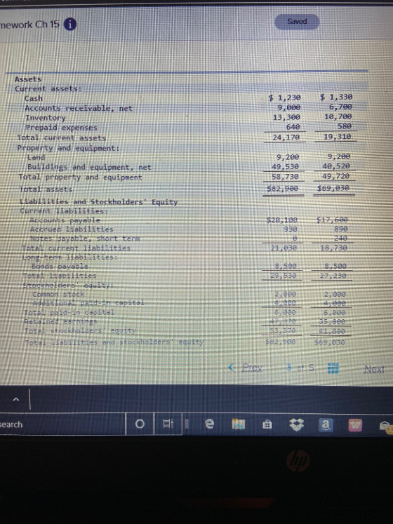 mework Ch 15 6 $ 1,230 9,000 13,300 640 24,170 $ 1,330 6,780 10,700 589 19,310 Assets Current assets Cash Accounts receivable
