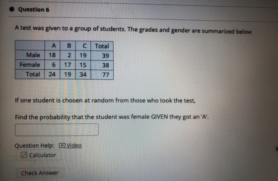 Question 6 A test was given to a group of students. The grades and gender are summarized below A B 18 2 Male Female Total с 1
