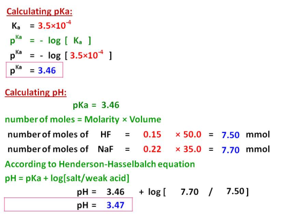 Calculating pka: Ka = 3.5x104 pka = - log [ Ka ] pk = - log (3.5x104 ] pka = 3.46 Calculating pH: pka = 3.46 number of moles