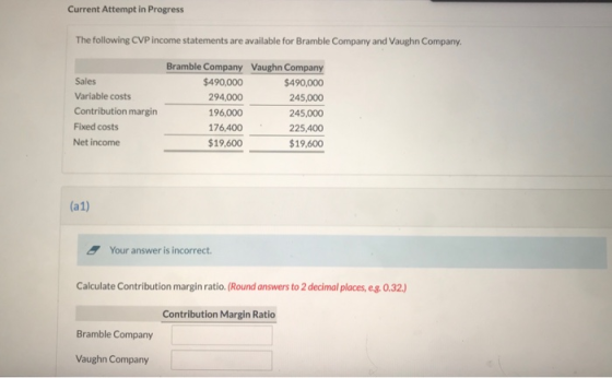 Current Attempt in Progress The following CVP income statements are available for Bramble Company and Vaughn Company. Sales V