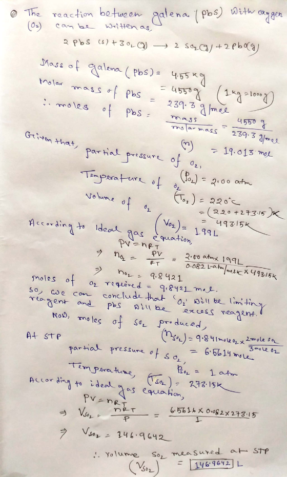 The reaction between galena (pbs) With oxygen (02) can be written as, 2 pbs (s) +30, CD 2 Sog) + 2 pborg) Stass of galena (pb