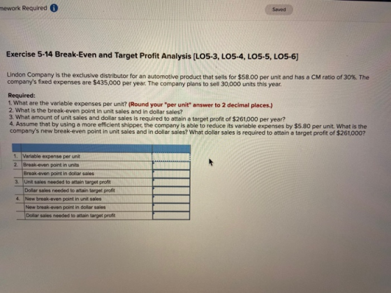 mework Required 0 Saved Exercise 5-14 Break-Even and Target Profit Analysis (LO5-3, LO5-4, LO5-5, LO5-6) Lindon Company is th