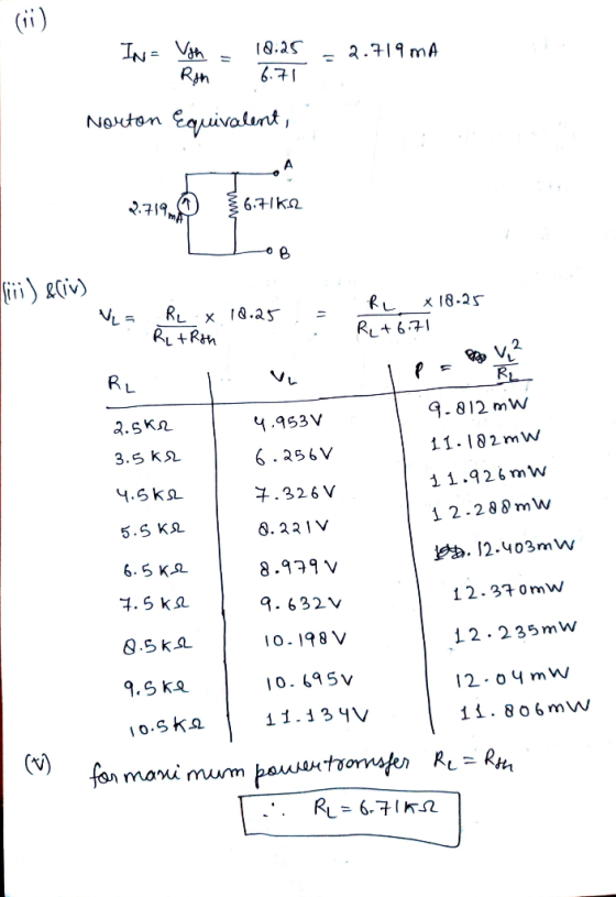 (1) 2.719 MA IN= Von Ron 12.25 6.71 Norton Equivalent, A 1719 67162 B (ii)&(iv) VLS х 18.25 RL Retron RL * 18.25 RL+6.71 220