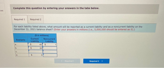 Complete this question by entering your answers in the tabs below. ces Required 1 Required 2 For each liability listed above,