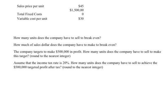 Sales price per unit Total Fixed Costs Variable cost per unit $45 $1,500,00 0 $30 How many units does the company have to sel