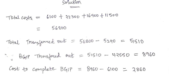 solution Total costs 6100 + 22300 + 16900 + 11500 56800 Total Transferred out = 56800 - 5290 51510 51510 42550 = 9960 BGIP Tr