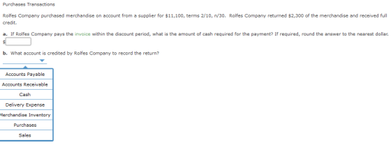 Purchases Transactions Rolfes Company purchased merchandise on account from a supplier for $11,100, terms 2/10, n/30. Rolfes