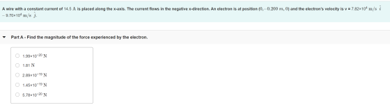 A wire with a constant current of 14.5 A is placed along the x-axis. The current flows in the negative x-direction. An electr