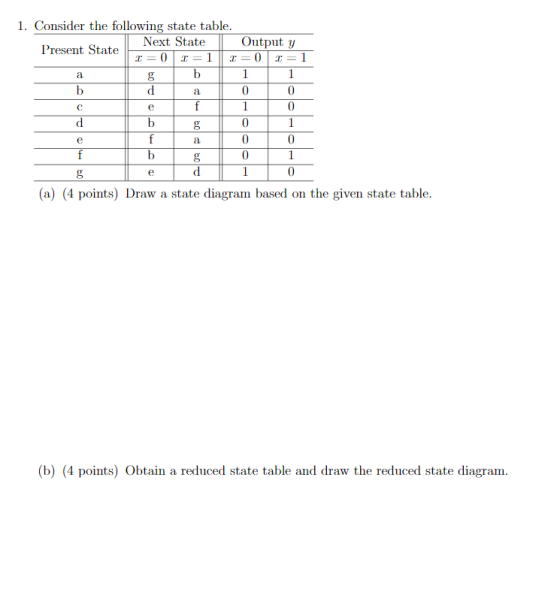T = 1 a 1 c f 1 1. Consider the following state table. Next State Present State Output y x=0 1 c=0 8 b 1 b d 0 0 e d b 0 f 0