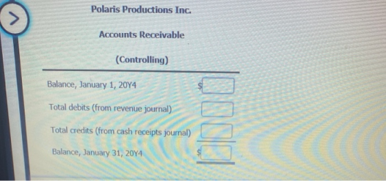 Polaris Productions Inc. Accounts Receivable (Controlling) Balance, January 1, 2014 Total debits (from revenue journal) Total