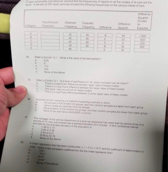 A major automobile manufacturer claimed that the frequencies of repairs on all five models of its cars are the same A sample
