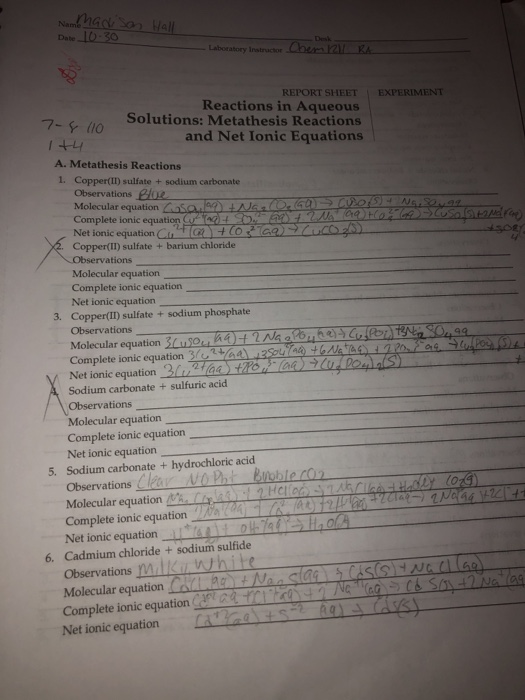 Nam Madison Hall Date 10-30 - Laboratory Instructor Chem RA REPORT SHEET EXPERIMENT Reactions in Aqueous 7-800 Solutions: Met