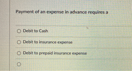 Payment of an expense in advance requires a O Debit to Cash O Debit to insurance expense O Debit to prepaid insurance expense