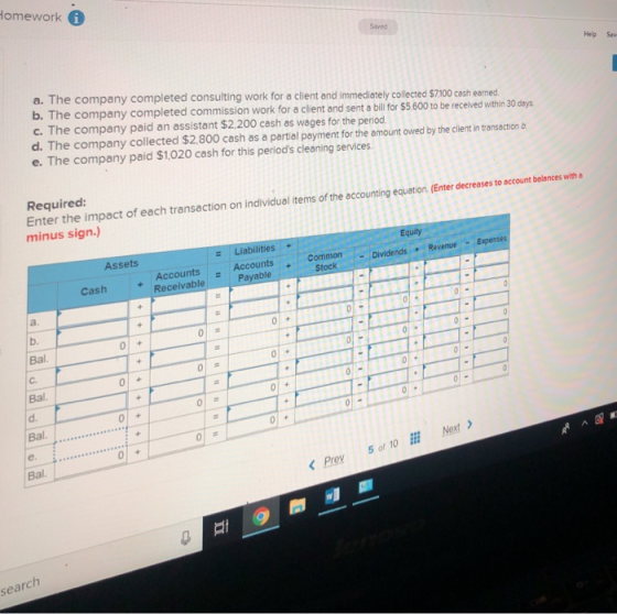 omework G Heip Sav a. The company completed consulting work b. The company completed commission work for a client and sent a bill for $5 600 to be received within 30 dsys c. The company paid an assistant $2,200 cash as wages for the period d. The company collected $2,800 cash as a partial payment for the amount owed by the client in transaction e. The company paid $1,020 cash for this periods cleaning services for a client and immediately collected $7100 cash earned Required: Enter the impact of each transaction on individual items of the accounting equation (Enter decreases to account bolances with minus sign) Equity Revenue Liabilities Assets CommonD Accounts Accounts Payable - Dividends Cash Receivable b. Bal. Bal. d. Bal. 扫扫: Next > Bal. くPrgy 50f 10 search
