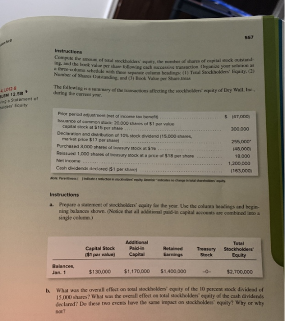 557 Instructions Compute the amount of total stockholders t he number of shares of capital stock outstand Ok Value per share