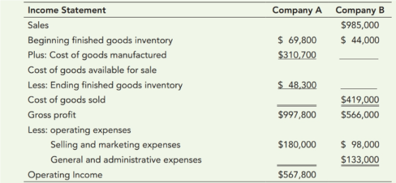 Company A Company B $985,000 $ 44,000 $ 69,800 $310,700 $ 48,300 Income Statement Sales Beginning finished goods inventory Pl