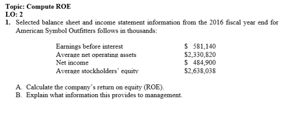 Topic: Compute ROE LO: 2 1. Selected balance sheet and income statement information from the 2016 fiscal year end for America